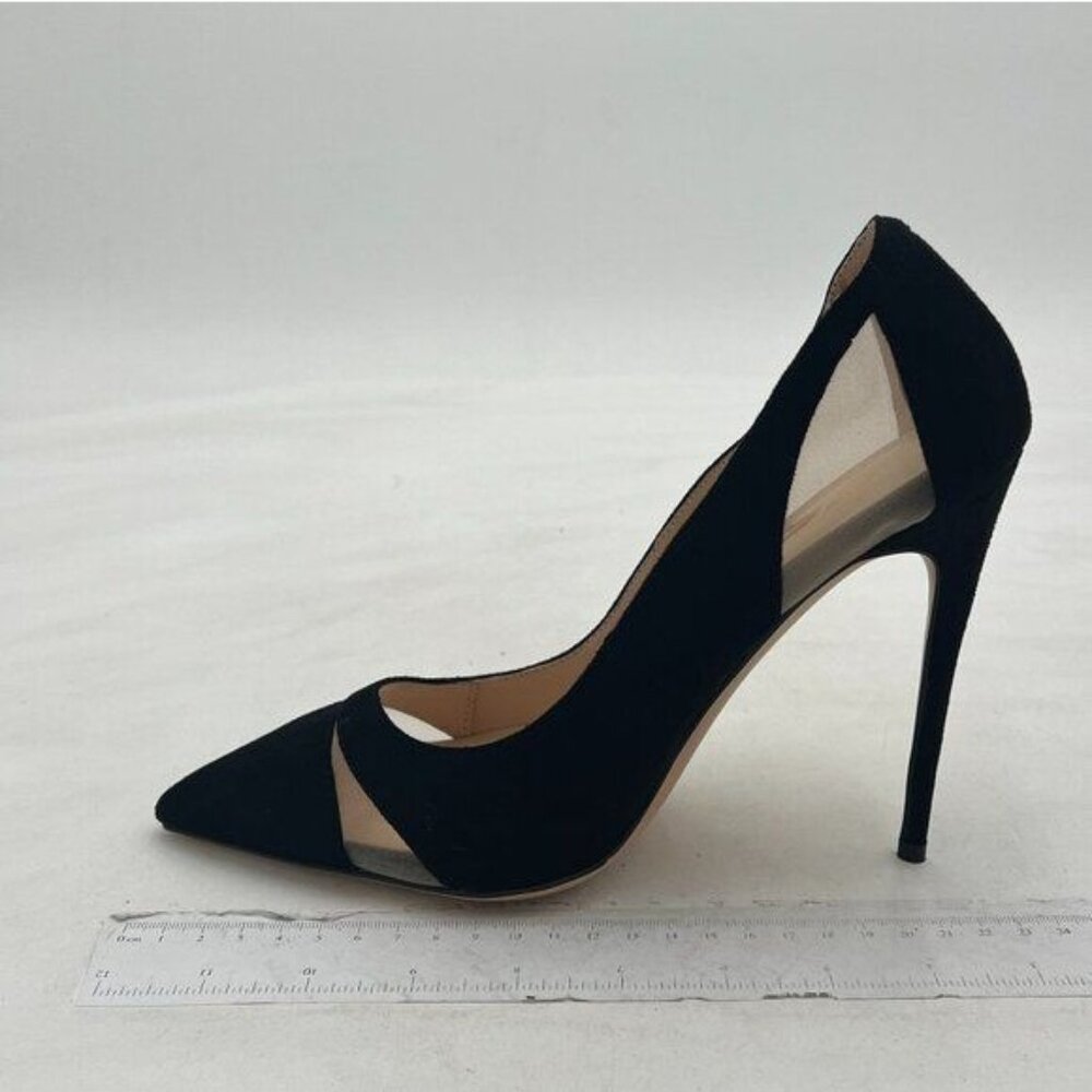 FSJ Black Pointed Toe Sheer Cutout Stiletto Pumps